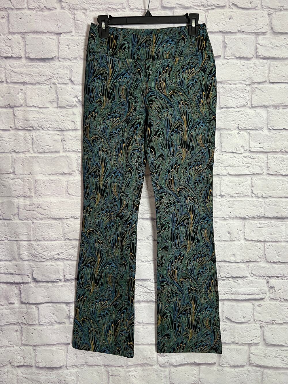 Soft Surroundings Peacock Print Pants SIZE XS Green Blue Stretch Pull On